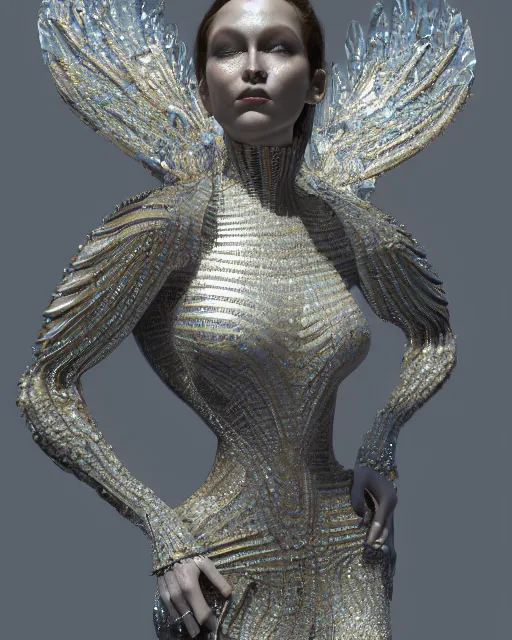 Image similar to a highly detailed metahuman 4 k close up render of an alien goddess bella hadid monument renaissance in iris van herpen dress schiaparelli in diamonds crystals swarovski and jewelry iridescent in style of alphonse mucha gustav klimt trending on artstation made in unreal engine 4