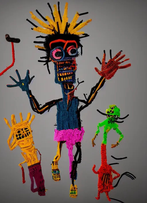 Image similar to closet full of monsters made out of pipecleaners in the style of Jean-Michel Basquiat, 3D cinematic lighting, spotlight at a 90 DEGREE ANGLE, photorealism, octane render, depth of field, 8k, 35mm, artgem, Trending on artstation