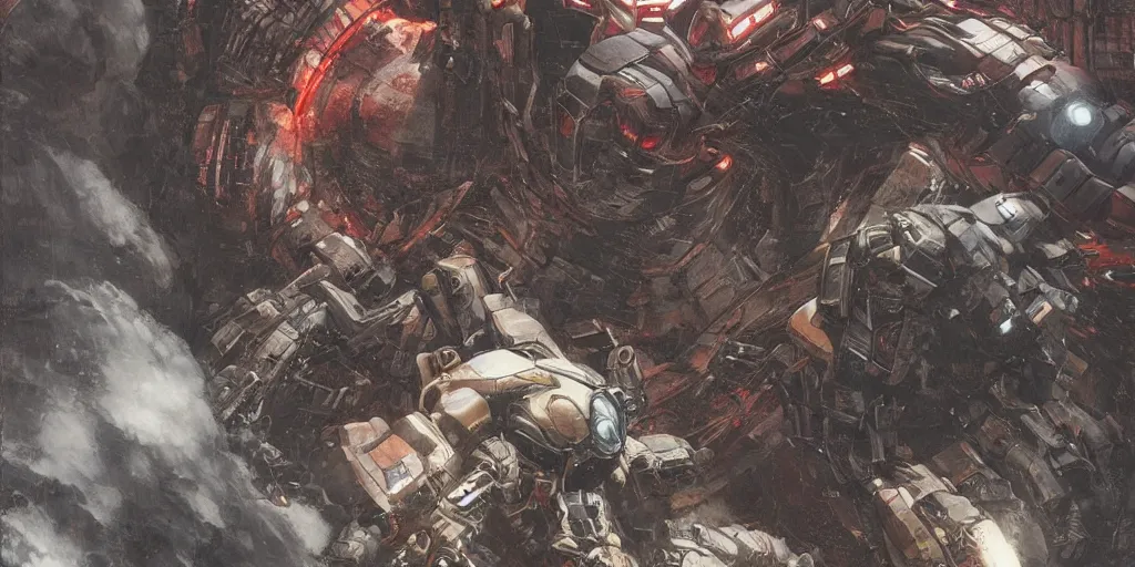 Prompt: a warrior climbing into a giant fighting robot by katsuhiro otomo, neotokyo, 4 k