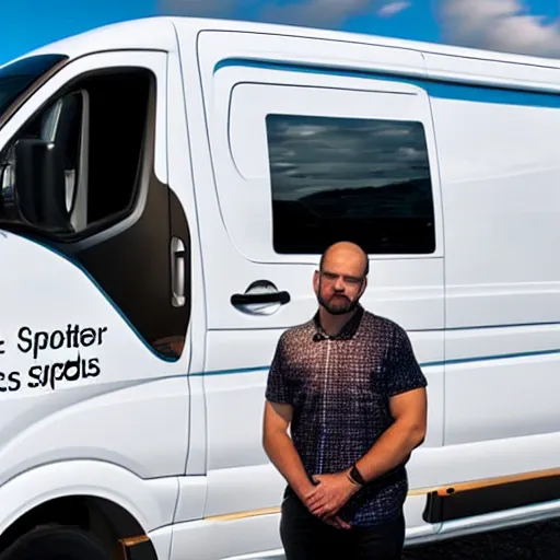 Prompt: a frowning creative director in front of a sprinter van
