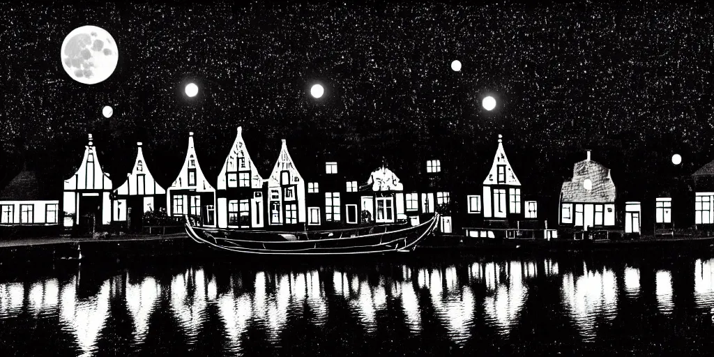 Prompt: Dutch houses along a river, silhouette!!!, Circular white full moon, black sky with stars, lit windows, stars in the sky, b&w!, Reflections on the river, a man is punting, flat!!, Front profile!!!!, high contrast, HDR, soft, street lanterns, 1904, illustration