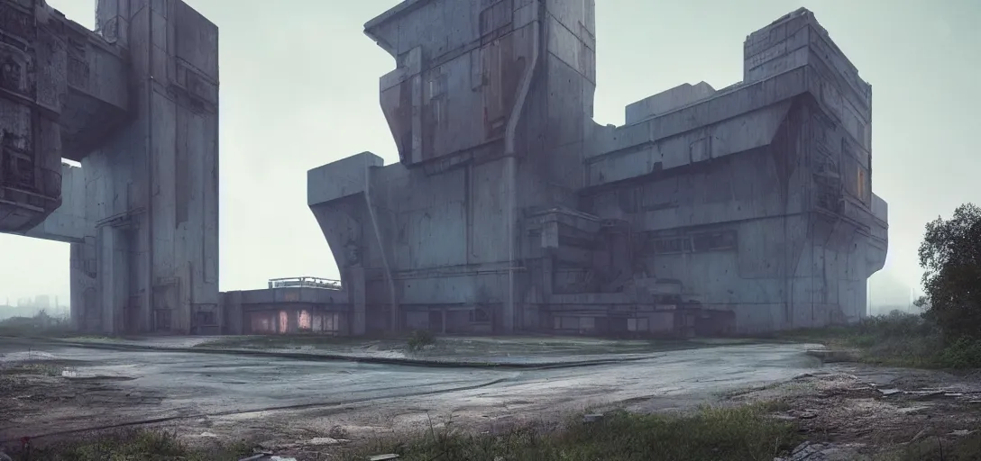 Image similar to futuristic abandoned brutalist power station, sci - fi, digital art by beeple and simon stalenhag