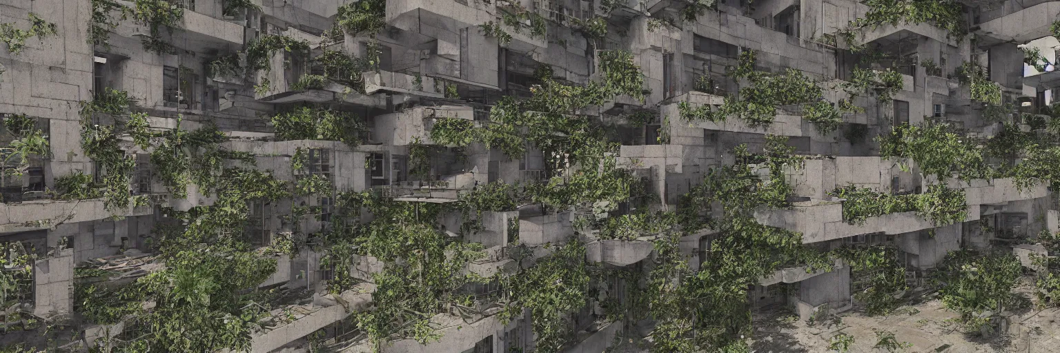 Image similar to “overgrown concrete abandoned city landscape, plants growing on buildings, unreal engine 5, raytracing, 8k”