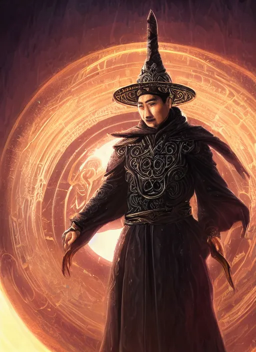 Image similar to a highly detailed illustration of Tony Leung Chiu-wai as wizard wearing ornate black robe and mage hat, dramatic wielding glowing orb pose, with guardian angle floating behind him, intricate, elegant, highly detailed, centered, digital painting, artstation, concept art, smooth, sharp focus, league of legends concept art, WLOP