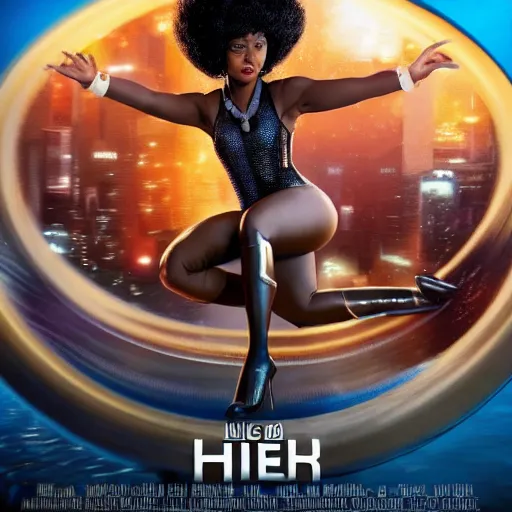 Prompt: a 1950s black superhero queen with an afro wearing thigh high white heels leaps into the time pool on the poster art for this new super hero movie, digital art, concept, high detail 4k