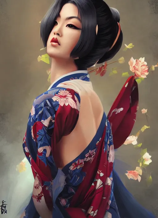 Image similar to hyper realistic geisha, by artgerm, background by greg rutkowski