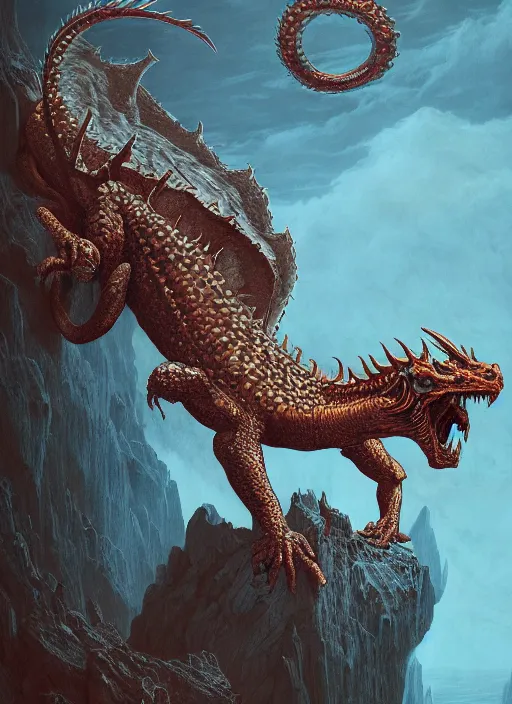 Image similar to a photographic portrait of a dragon by gustave dore and raphael lacoste and dan mumford, trending on artstation, a leopard!! - like sea beast, a two - horned earth beast, natural earth tone colors, cerulean blue, cyan, red, octanerender, vray