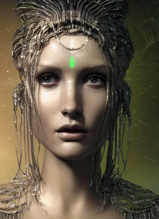 Image similar to beauteous goddess sumptuous face, with incredible iridescent pearlescent voluminous fluorescent neon laser beam hair, delicate crystalline masterpiece incrustations, by h. r. giger, hyperdetailed face, elegant pose, movie still, intricate, octane render, cinematic forest lighting, unreal engine, crepuscular rays, god rays