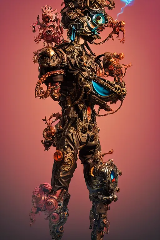 Image similar to full-body rococo and cyberpunk style sculpture of a young handsome Spanish prince half android with a chest exposing a glowing orange gem, glowing pink laser eyes, crown of blue gears and giant diamonds, swirling salmon-colored silk fabric, robotic raptors dinosaurs. baroque elements. full-length view. intricate artwork by caravaggio. Trending on artstation, octane render, cinematic lighting from the right, hyper realism, octane render, 8k, depth of field, 3D