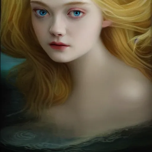 Prompt: Painting of Elle Fanning underwater, long blonde hair, delicate, pale milky white porcelain skin, Rococo. 8K. Extremely detailed.