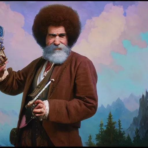 Image similar to an ultra detailed magic the gathering card of bob ross smoking a pipe and dressed as a fantasy bard, d & d, epic fantasy, concept art by alphonse mucha and greg rutkowski, octane render, 8 k, detailed face