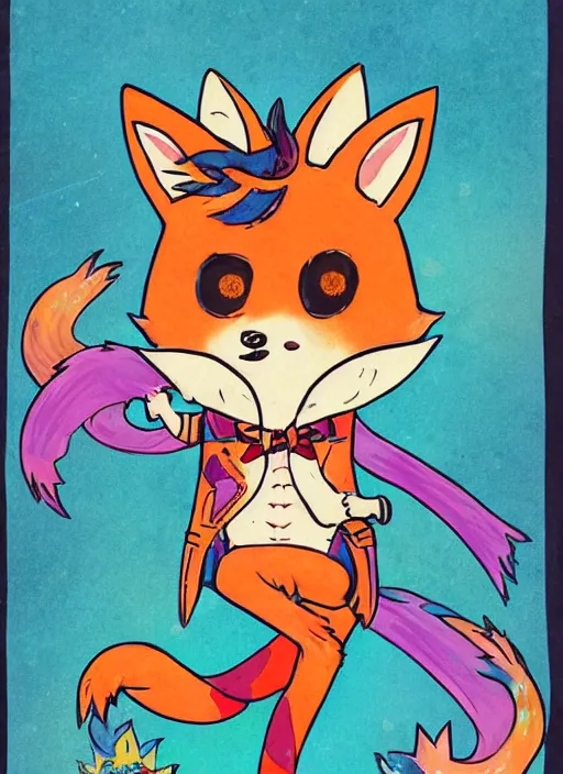 Image similar to A vintage painted illustration of an adorable chibi rogue fox anime guy in the style of Lisa Frank Babs Tarr Hantine Hsu sitting in a couture leather and spike vest that has skulls on it