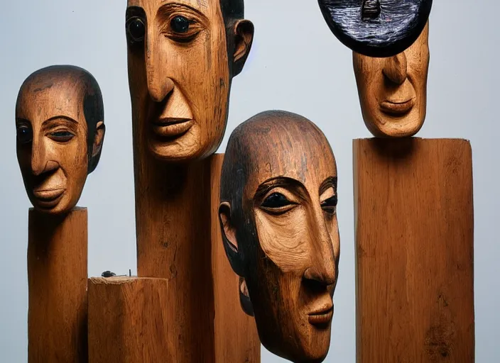 Prompt: realistic photo portrait of the a sculpture of a group portrait of heads with long beaks made of wood, eyes made of caviar poorly designed in style of arte povera, fluxus, dadaism, joseph beuys, ugly made, low quality standing in the wooden polished and fancy expensive wooden museum interior room 1 9 9 0, life magazine reportage photo