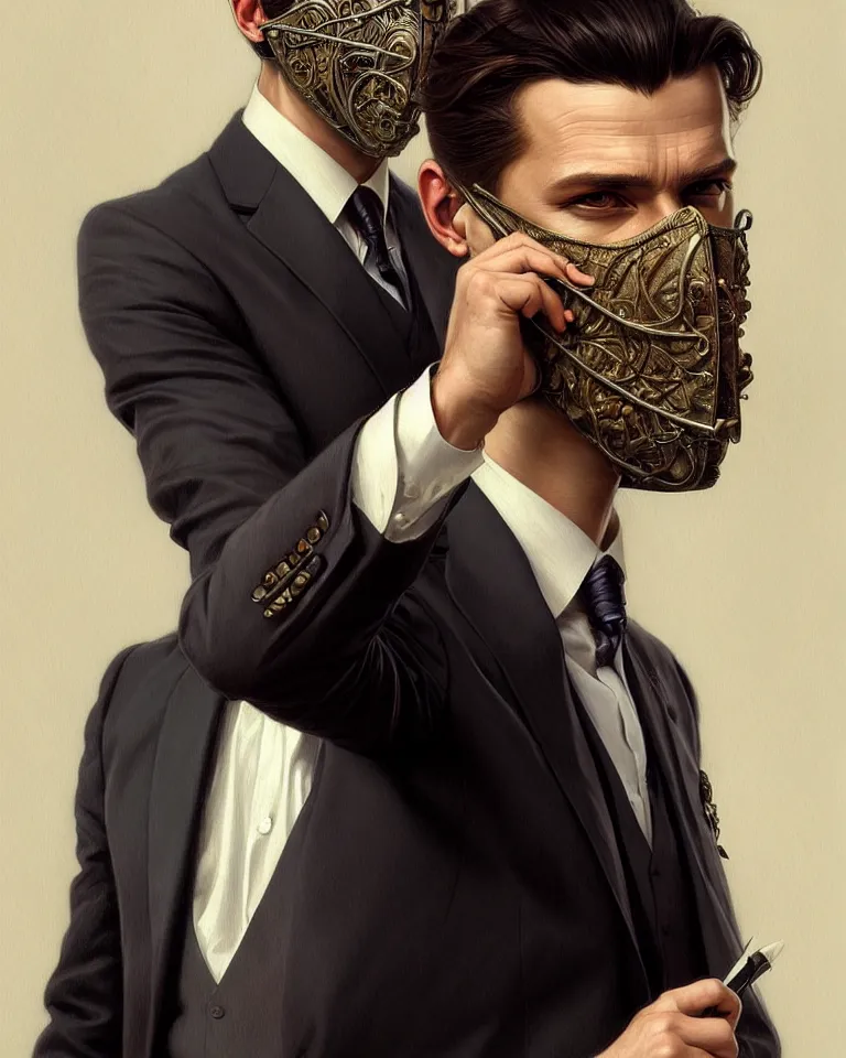 Image similar to ultra realistic illustration, a male with fabric mask, suit and tie, intricate, elegant, highly detailed, digital painting, artstation, concept art, smooth, sharp focus, illustration, art by artgerm and greg rutkowski and alphonse mucha