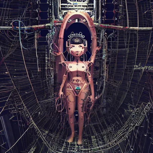 Image similar to space station on the moon, piles of modular synth cables mixed with mangrove roots, kawaii puerto rican goddess staring through your soul wearing a headpiece made of circuit boards, by cameron gray, wlop, stanley kubrick, masamune, hideki anno, jamie hewlett, unique perspective, trending on artstation, cinematic, 3 d render, vivid