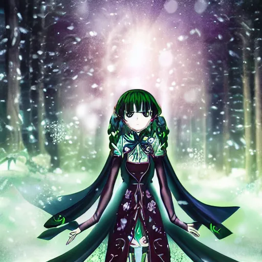 Prompt: focus face portrait of beautiful darkness 3 d anime gir as knight, dark forest background, snowing, bokeh, inspired by masami kurumada, digital painting