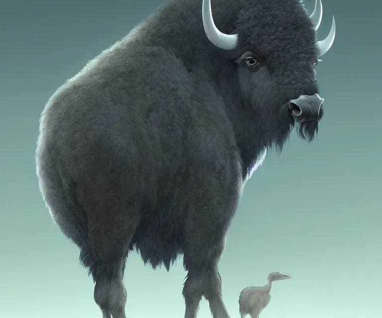 Prompt: a new animal inspired by bison and shoebill, digital art made by makoto shinkai, lois van baarle, greg rutkowski and jakub rebelka, highly detailed, symmetrical, extremely coherent, smooth, shaped focus, dystopian gray forest background