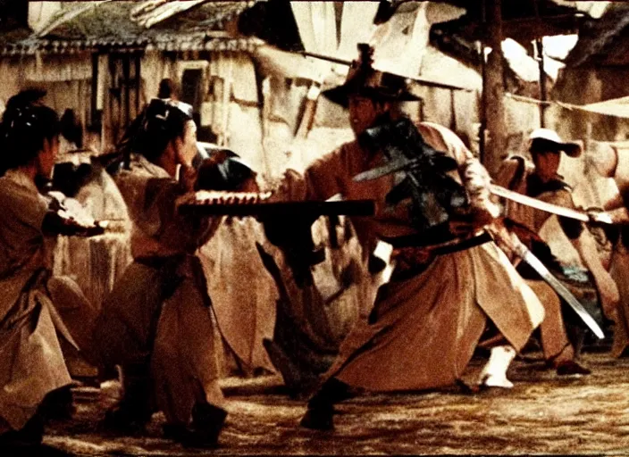 Image similar to a movie still of a samurai slicing through a loaf of bread by Akira Kurosawa