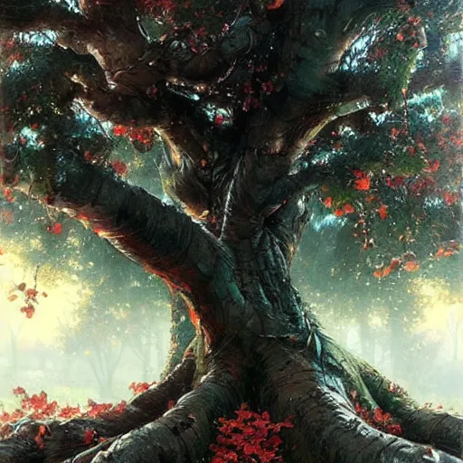 Prompt: a tree with many black black apples (((leaves))) !!!!!!!black apples!!!!!!!!, painted by rossdraws, greg rutkowski, thomas kindkade