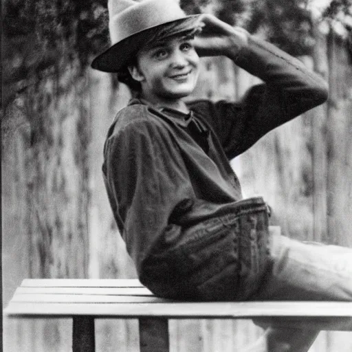 Image similar to upward photograph of a young man with a backward hat sitting on outdoor wooden bleachers next to a radio