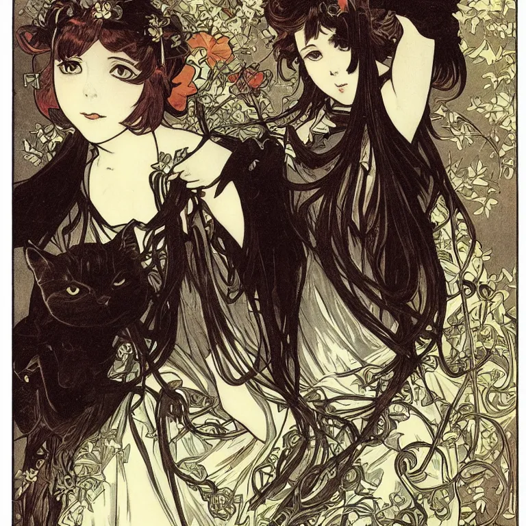 Prompt: gothic lolita and her cat companion. chiaroscuro manga artbook illustration by clamp and alphonse mucha.
