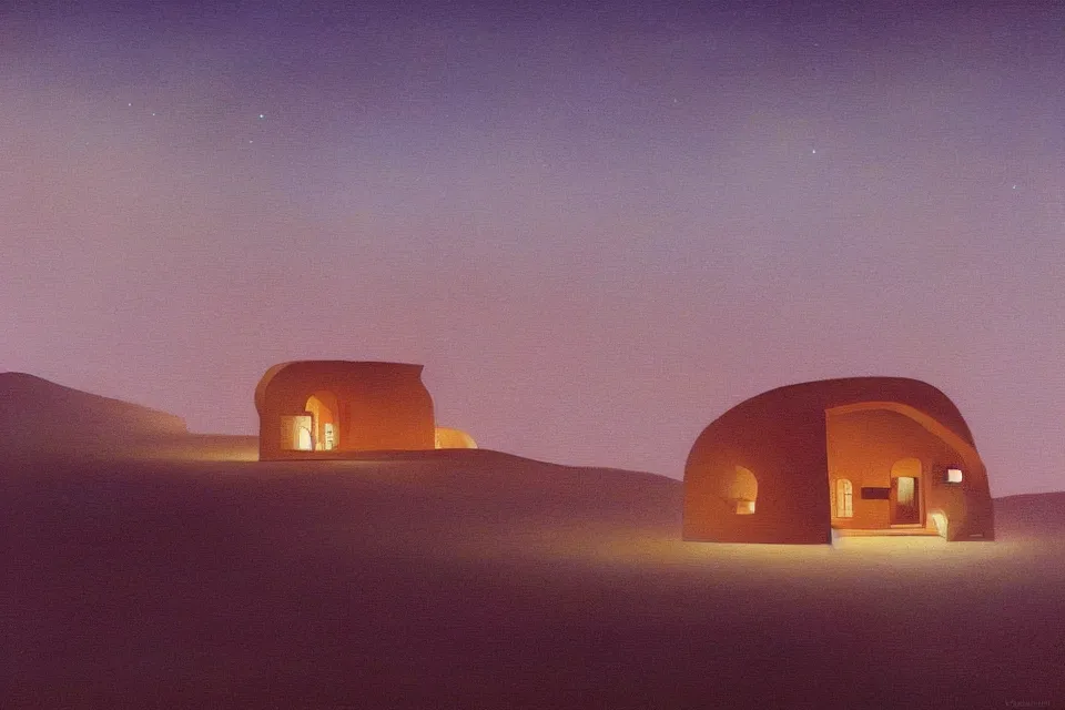 Image similar to sci fi atmospheric landscape painting of architecture design of a seashell shaped house in the middle of the desert at night, painted by john harris and moebius