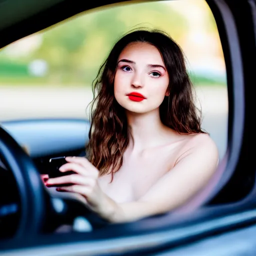 Image similar to a beautiful cute young woman takes a photo of herself, sitting in her car, flushed face, red blush, light freckles, big puffy lips, smiling softly, soft features, 8 k, sharp focus, instagram, portra 4 0 0