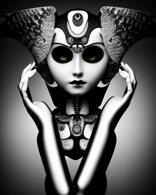 Image similar to surreal mythical dreamy dark artistic black and white fine art 3 / 4 fashion portrait photo of a young beautiful delicate female robot - owl with orchid - doll face, rim light, cinematic, studio dramatic light, poetic, masterpiece, octane render, 8 k, photo - realistic by gustave dore hg giger and man ray