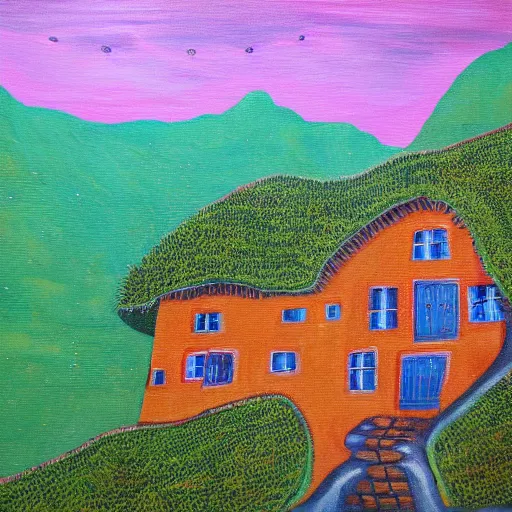 Prompt: a painting of a house carved from a green mossy mountain complete with windows and doors and staircase leading to the sea below vivid colors clear outlines