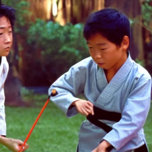 Prompt: miyagi from karate kid teaching daniel how to catch a frog with chopstick, cinematic, photo, still frame