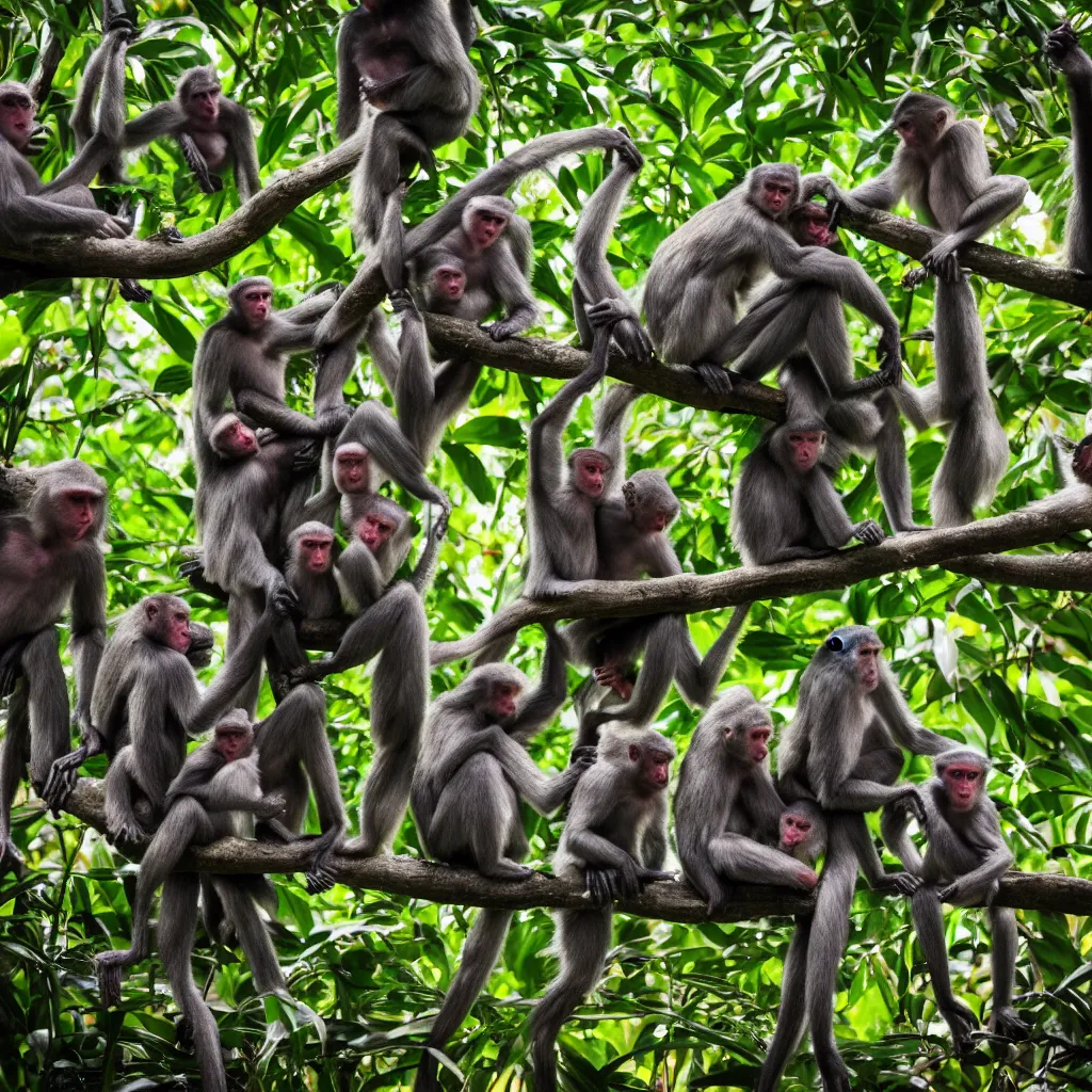 Image similar to a bunch of monkeys having a party in the jungle , 8k , 4k , professional photography, award winning photo