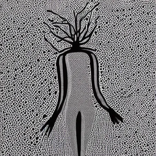 Prompt: “human figures are woven and entangled in harmonious patterns, rendered with stippled dots and tiny lines, monochromatic, black and white, excellent use of positive and negative space, hd”