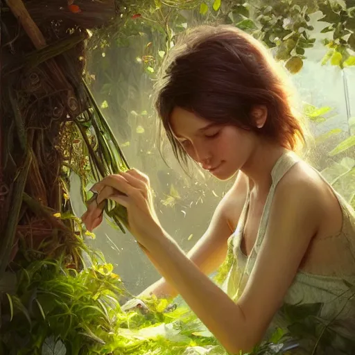 Image similar to a beautiful girl is taking care of the garden in a beautiful and varied vegetation dream garden with quality pruning shears, artstation greg rutkowski, cinematic, hyperrealist, beautiful face and features, the most beautiful girl digital art, light essential calm quality wlop projection render