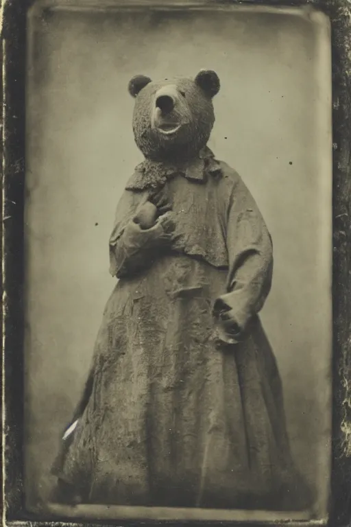 Prompt: a wet plate photo of an anthropomorphic bear dressed as a peasant