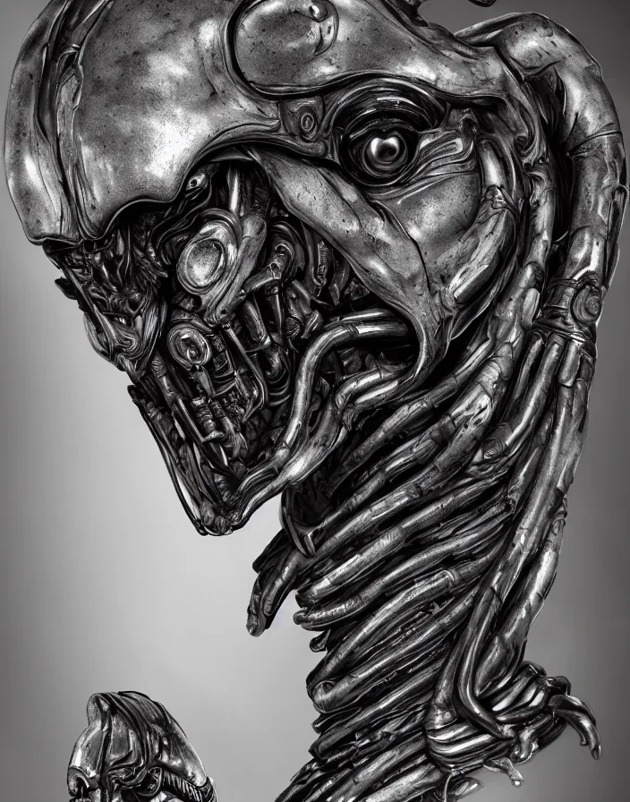 Image similar to engineer prometheus face, xenomorph alien face, highly detailed, symmetrical long head face, smooth marble surfaces, detailed ink illustration, raiden metal gear, cinematic smooth stone, deep aesthetic, concept art, post process, 4k, carved marble texture and silk cloth, latex skin, highly ornate intricate details, prometheus, evil, moody lighting, hr geiger, hayao miyazaki, indsutrial Steampunk