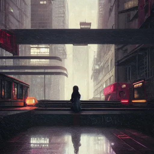 Image similar to girl and cat on a roof, moment, cyberpunk elevated train, electronic billboards, tech noir, wet reflections, atmospheric, ambient, livia prima, greg rutkowski, edward hopper, pj crook