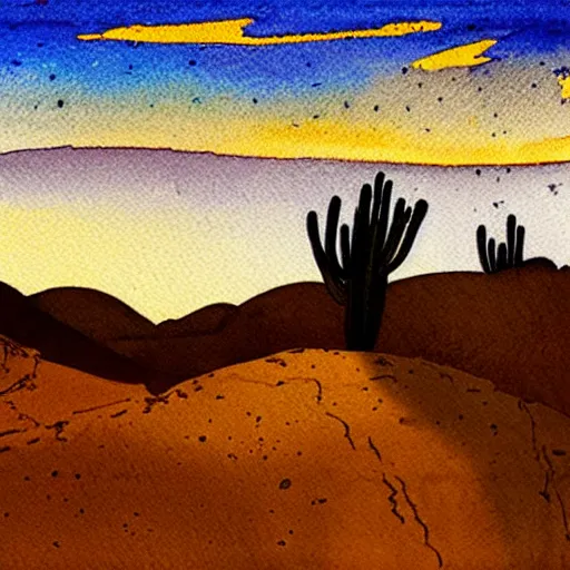 Prompt: desert landscape painting at twilight, watercolor, pen and ink, intricate lines, elegant, extreme detail, smooth, sharp focus, art by greg rutowski and vermeer and edward church