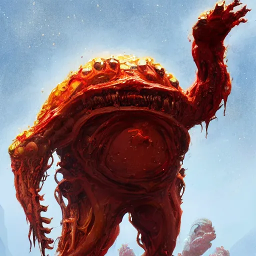 Image similar to scifi art by Greg Rutkowski, hideous monster made of twisted human flesh and reddish ooze, lumpy bloated upper body with elongated and sharp limbs, small head like a ball with two empty holes for eyes, only human beings are its legs, vicious appearance, scifi, space horror, digital painting, artstation, concept art, smooth, sharp foccus ilustration, Artstation HQ.