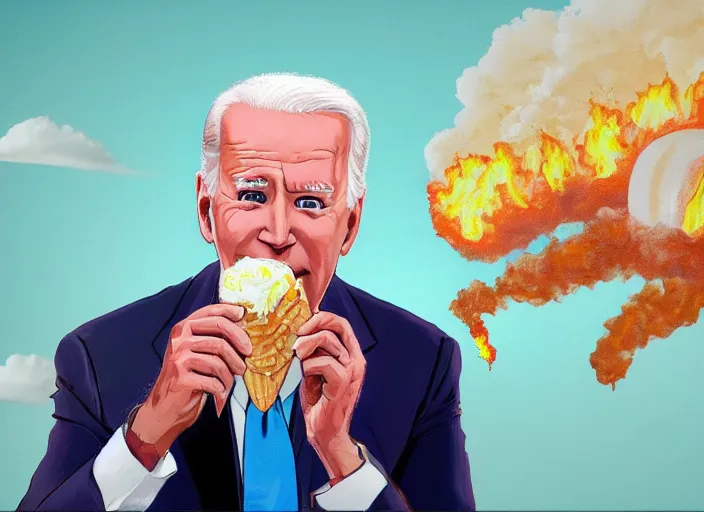 Image similar to cinematic close up of joe biden eating an ice cream with the whitehouse on fire behind him artwork by greg rutowski, 4 k, masterpiece