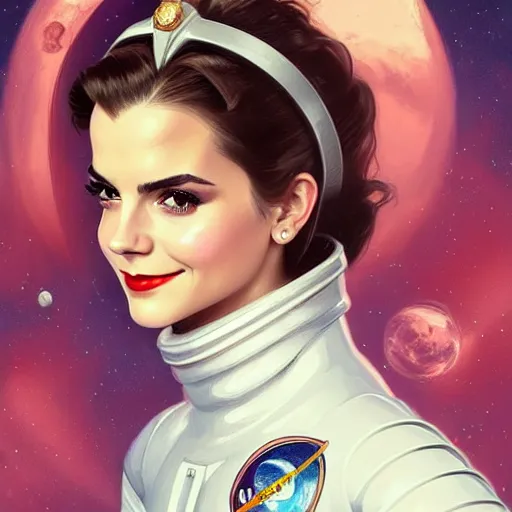 Image similar to A combination of Victoria Justice's and Grace Kelly's and Emma Watson's appearances as an astronaut, full body portrait, western, D&D, fantasy, intricate, elegant, highly detailed, digital painting, artstation, concept art, matte, sharp focus, illustration, art by Artgerm and Greg Rutkowski and Alphonse Mucha