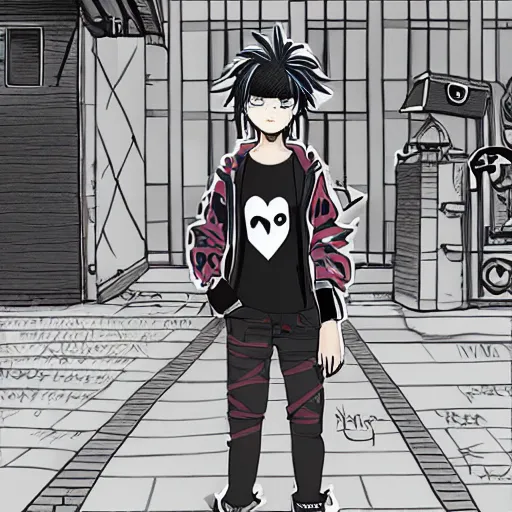 Image similar to a boy is wearing a punk outfit, he is walking in the middle of the street, anime art, elegant, smooth, hd