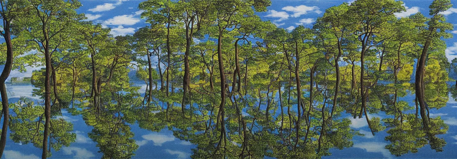 Image similar to escher painting of a lake, big trees reflecting on lake surface, ultra sharp, ultra detailed, colorized by salvador