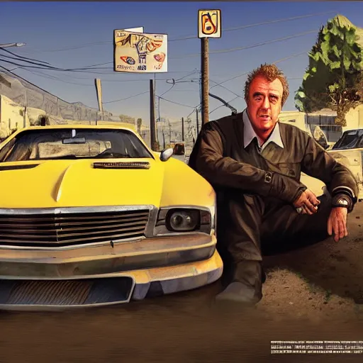 Image similar to Jeremy Clarkson in GTA V, cover art by Stephen Bliss, artstation, no text