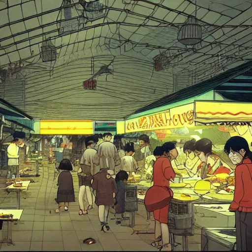 Image similar to a hawker centre at night, by satoshi kon