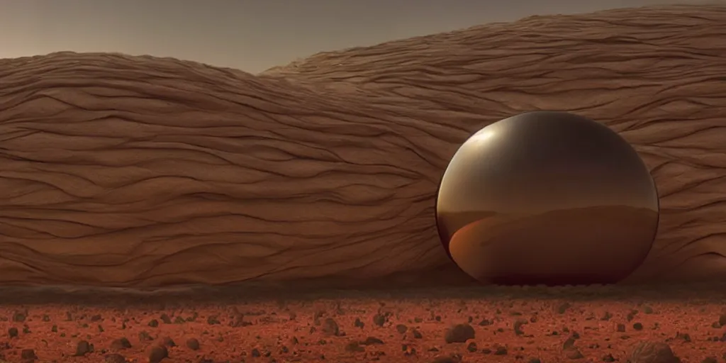 Image similar to a strange huge transparent pvc inflated organic architecture building black matte by jonathan de pas sits in the planet mars landscape, golden hour, film still from the movie directed by denis villeneuve with art direction by zdzisław beksinski, close up, telephoto lens, shallow depth of field