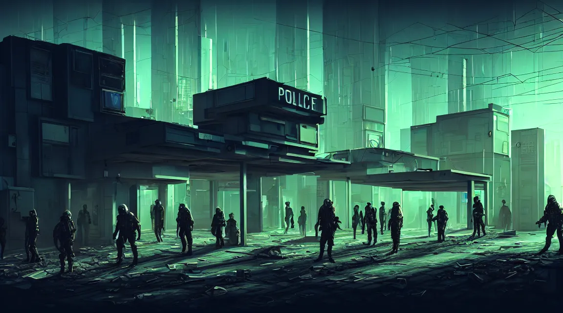 Image similar to post - apocalyptic police station, building, paved roads, complex textures, sci - fi art, highly detailed photography, trending on artstation, hyperrealistic, human silhouettes, cyberpunk, environment artist, dystopian, science fiction, synthwave neon retro, concrete, vivid colors