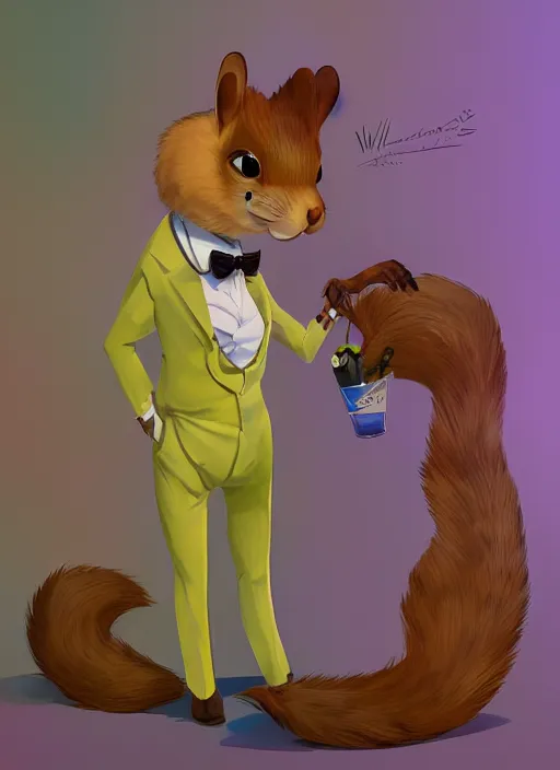 Prompt: squirrel anthro as a dapper bartender with a big, fluffy tail, retro futurism, art deco, detailed, painterly digital art by WLOP and Cory Loftis and Steve Henderson, 🐿🍸🍋, furaffinity, trending on artstation