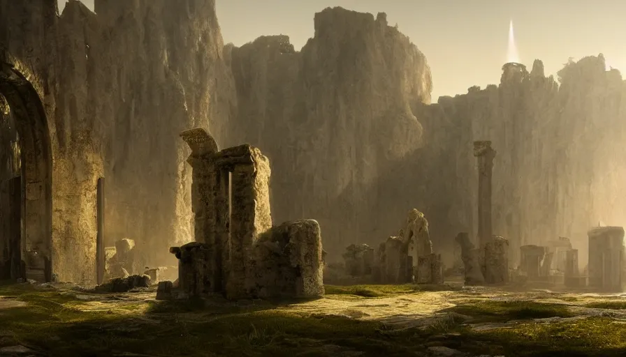 Prompt: a land of ruins of lost civilization with a distant fort in the middle, pure gold pillars, water tunnels below and a magical time gate to another dimension, a man wearing a white robe standing watching over, dramatic lighting, dawn, by caspar david friedrich, unreal engine 5