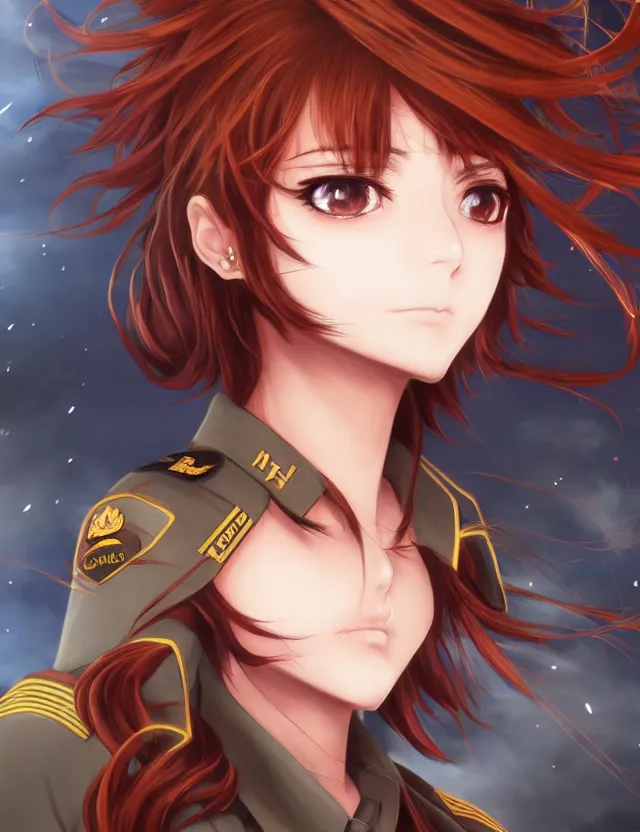 Image similar to a detailed manga portrait of a beautiful brown haired woman in a military uniform glowing with swirling red energy, trending on artstation, digital art, 4 k resolution, detailed, high quality, sharp focus, hq artwork, coherent, insane detail, character portrait