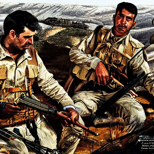 Image similar to a kurdish peshmerga kurdish mountains art by martin ansin, highly detailed, 8 k, high resolution, award winning art, incredibly intricate